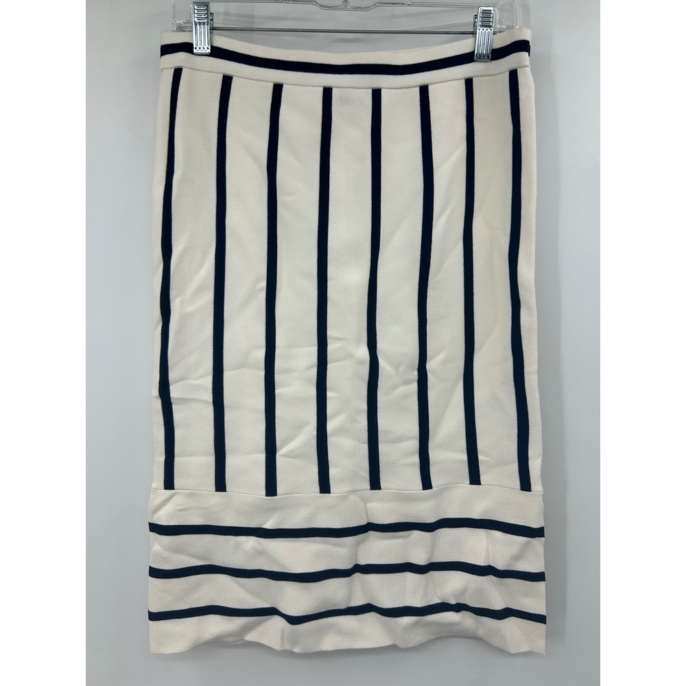 Banana Republic Womens M Knit Midi Skirt Cream Navy Blue Striped Pencil Stretch
